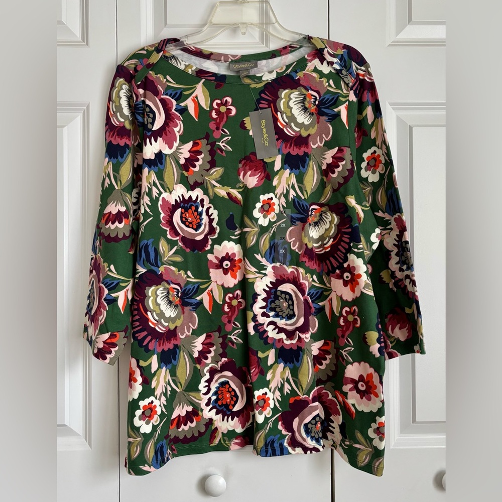 Style & Co Size 2X Green Floral Print knit top, boatneck, 3/4 sleeves, Cotton
